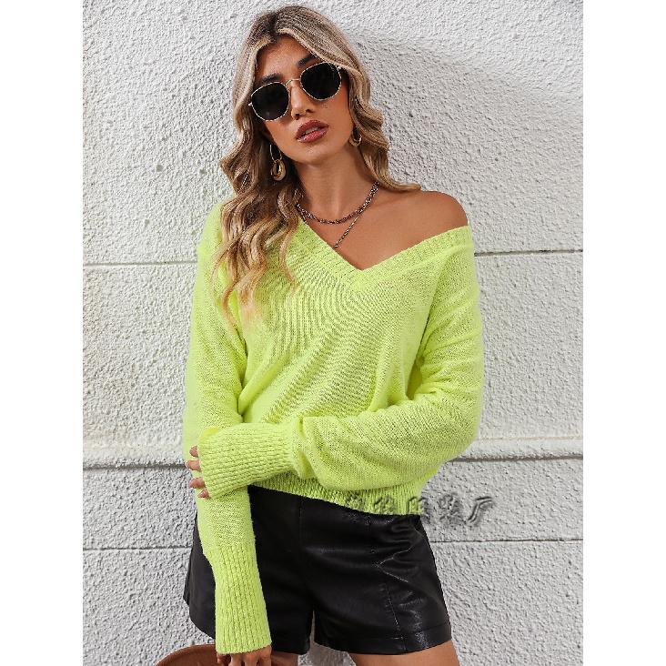 

2024 Осень и зима Новый вязаный свитер Европейская и американская мода Длинный рукав V-образный вырез Однотонный пуловер свитер для женщин XL жёлтый/зелёный