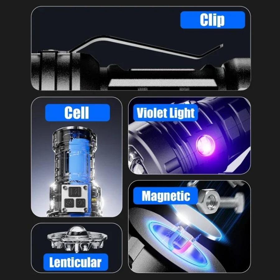 9LED Strong Light LED Flashlight TYPE-C Charging Torch with COB Light Portable LED Flashlight Outdoor for Home Emergency