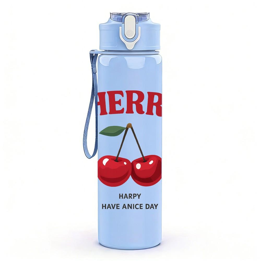 1PC Cherry Fruit Letter Logo 750ml Color Plastic Sports Water Bottle Leakproof Flip Straw Lid Suitable for Sports Office Home Use