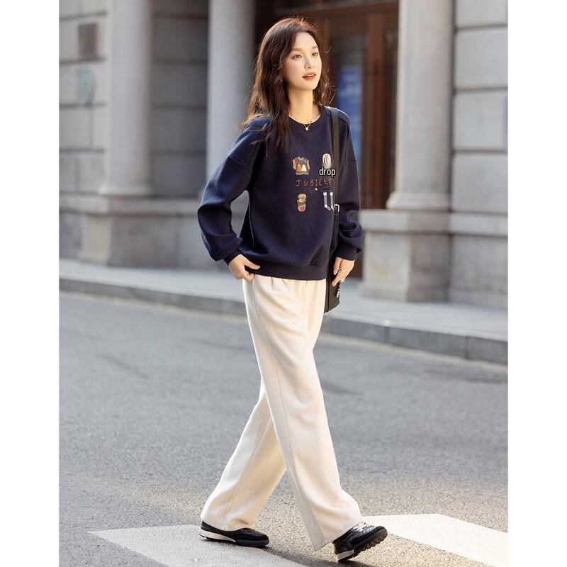 DeMana Women's Korean Style Embroidered Round Neck Sweatshirt