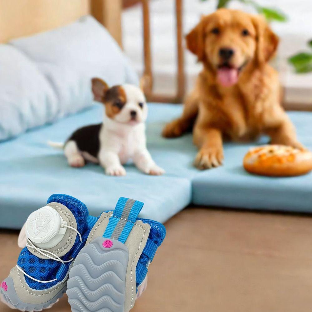 4pcs/set Breathable Dog Mesh Shoes Reflective Adjustable Dog Footwear Anti-slip Soft Sole Dog Sneakers Summer Season