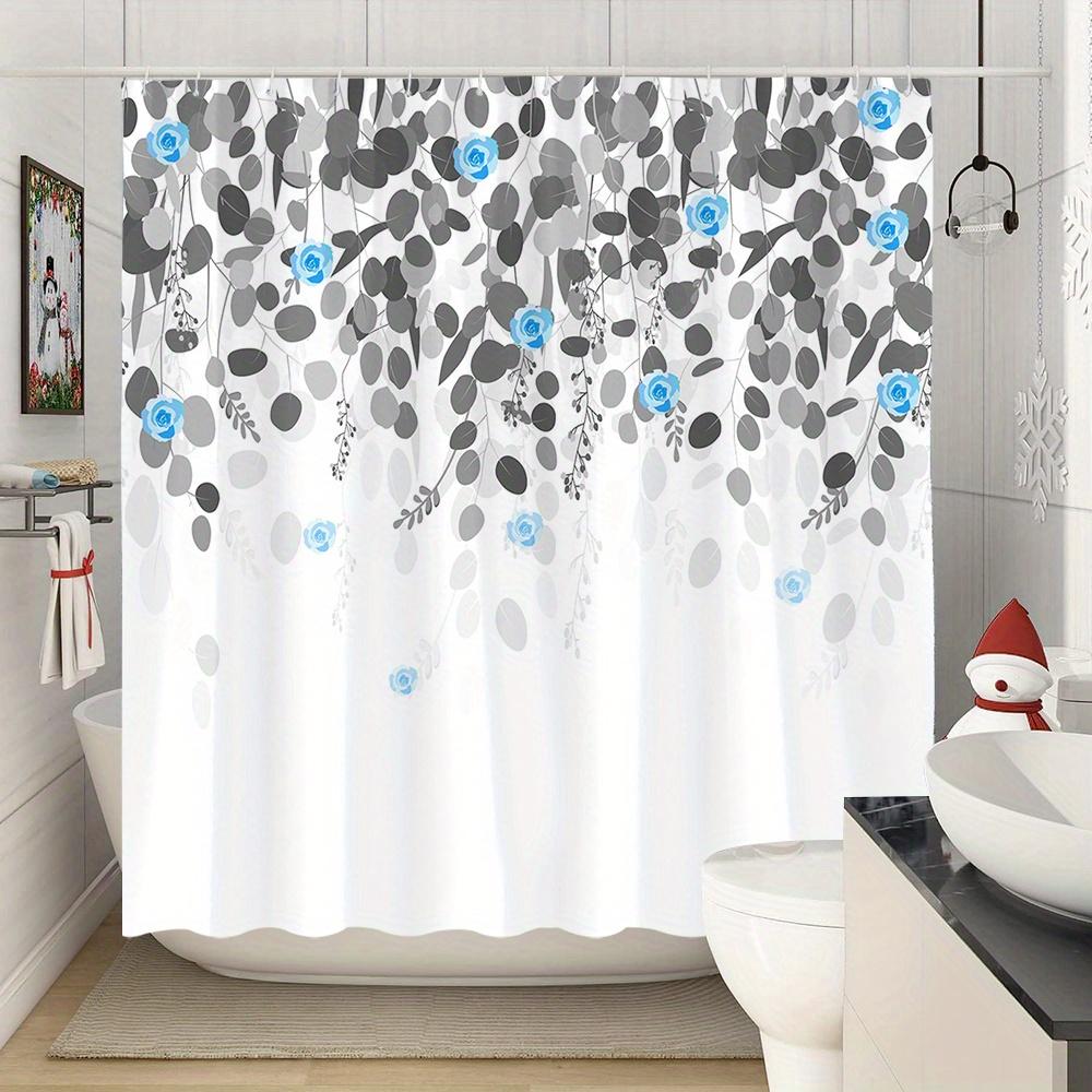 1Pc Blue Rose And Gray Leaves Shower Curtain - Elegant Watercolor Botanical Pattern, Polyester Fabric, Machine Washable