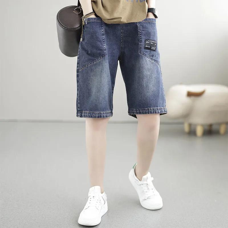 Women's Summer Korean-Style Elastic Waist Large-Pocket Denim Shorts - Loose-Fit Slimming Wide-Leg Pants