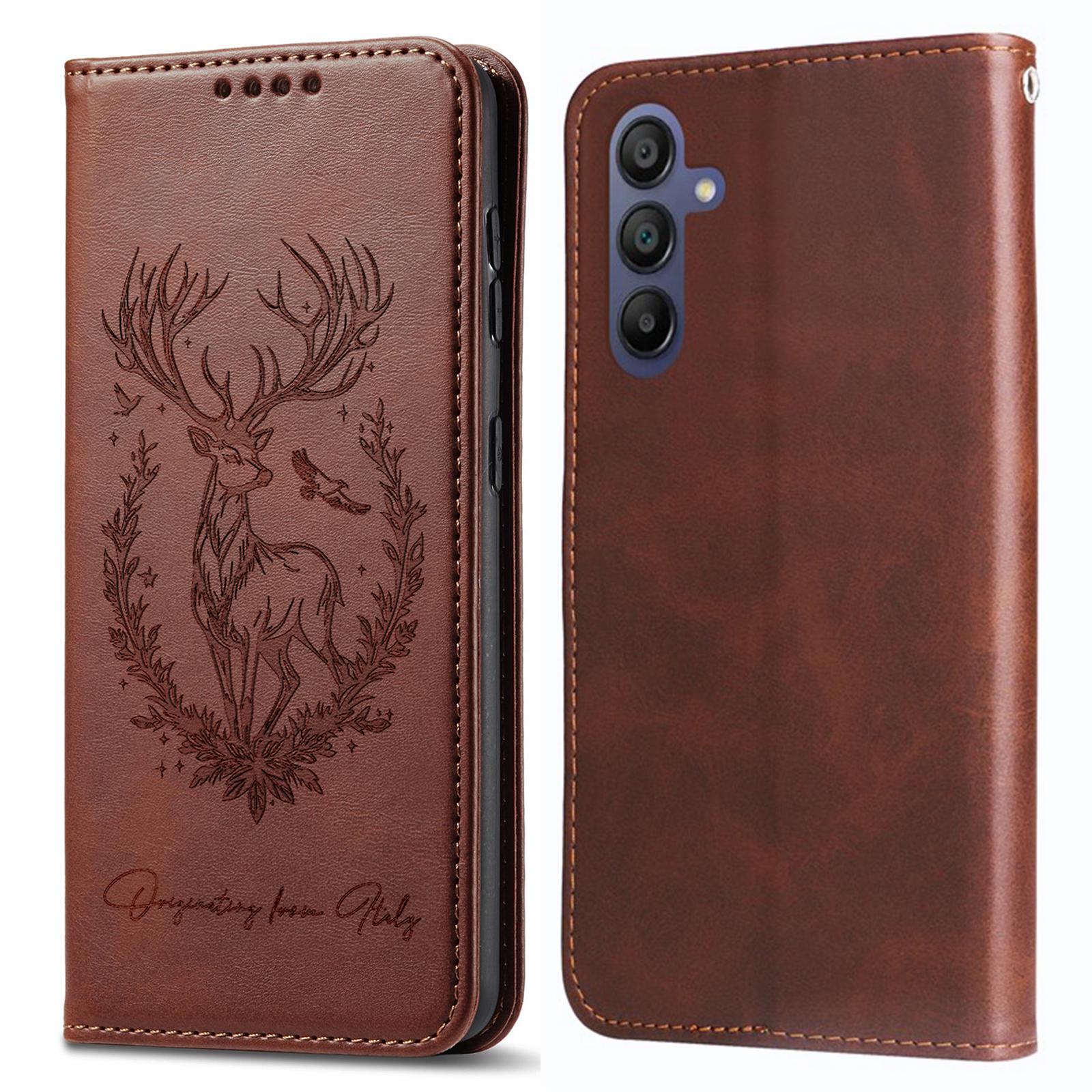 

For Samsung Galaxy S25/S24 Stand Case Lucky Deer Imprinted Magnetic Closure Leather Wallet Phone Cover Brown