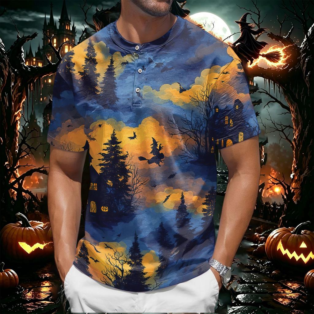 Mens Halloween Print Crew Neck Short Sleeve T Shirt Soft Fabric Casual Fit Pumpkin Pattern Comfortable Top