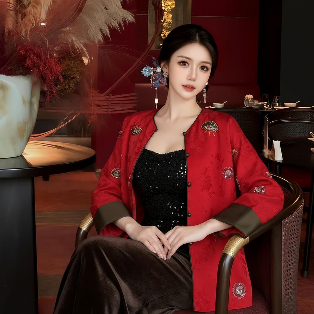 New Chinese heavy industry gourd ingot bead embroidered jacket women's high-end spring temperament top P
