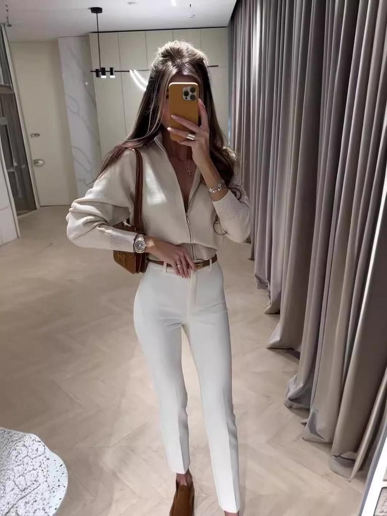 Top Curto Versátil Feminino Cor Sólida Costura Slim-Fit Outono 2024