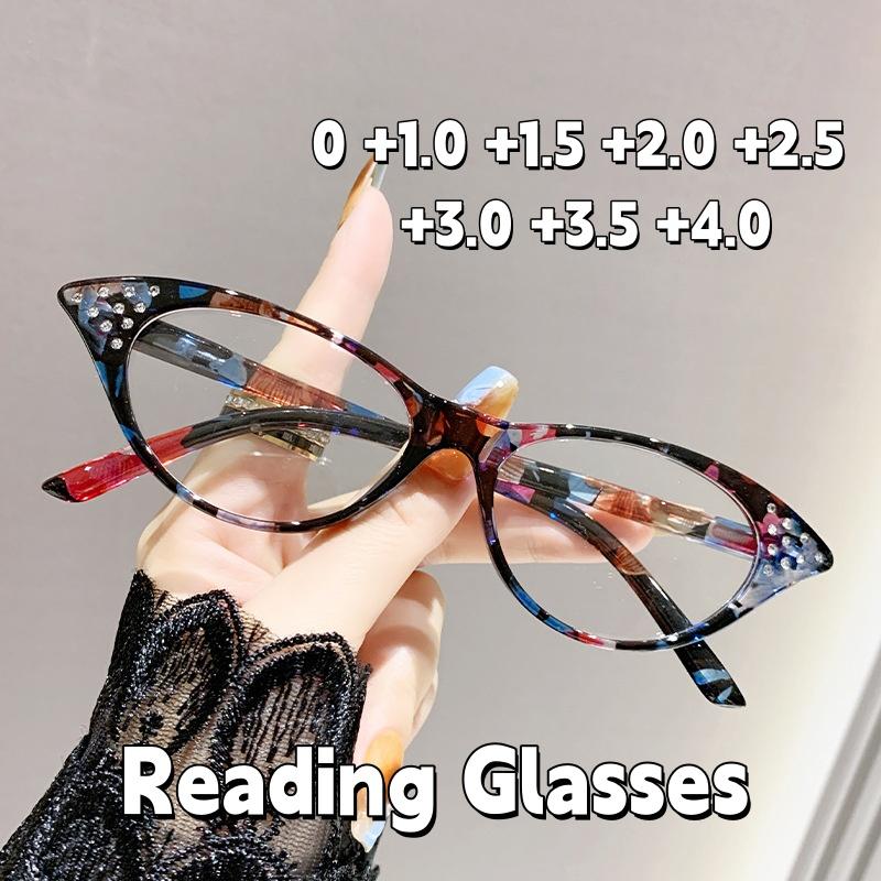 Fashion Diamond Inlaid Ultra Light Anti Blue Light Presbyopia Glasses Cat Eye Frame for Middle Aged and Elderly