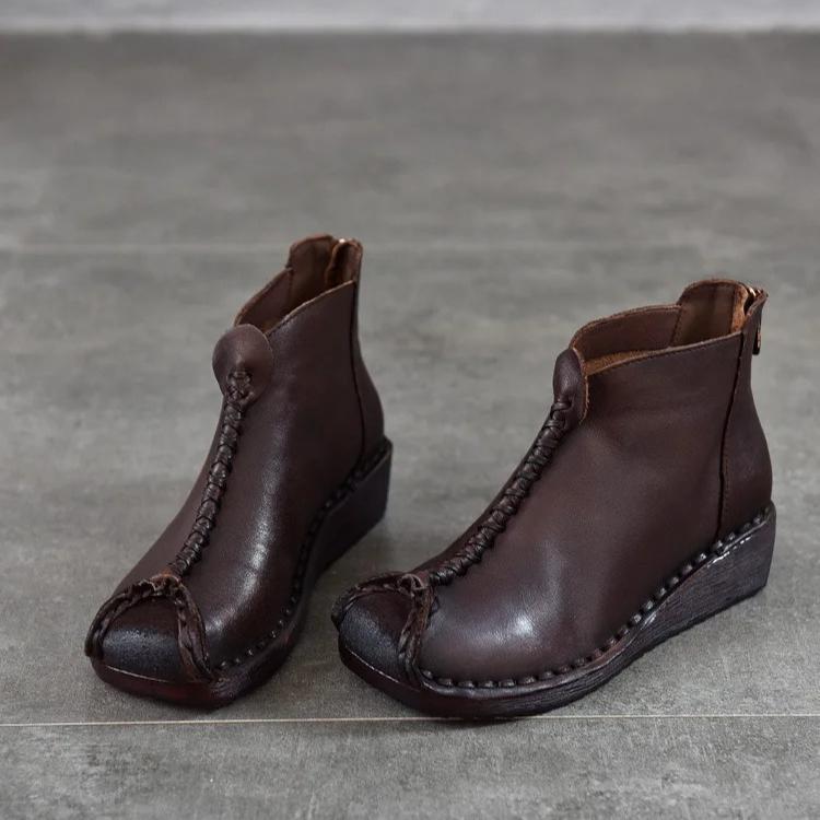 Johnature Versatile Genuine Leather Women's Wedges Shoes Retro Cowhide Soft Soled Short Boots