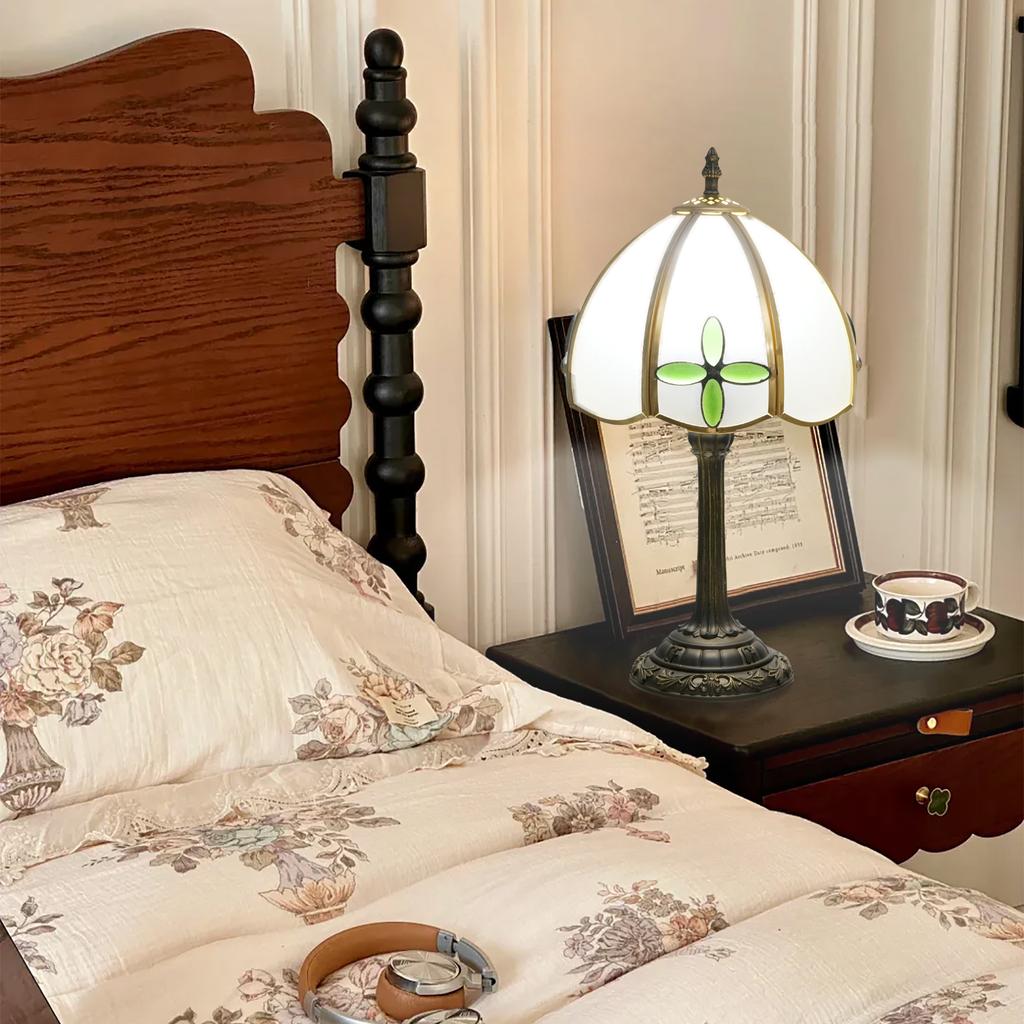 Modern Glass Shade Lamp with Bronzed Base 8-Inch Home Decor Desk Lamp with Four-leaf Clover Design for Indoor Lighting