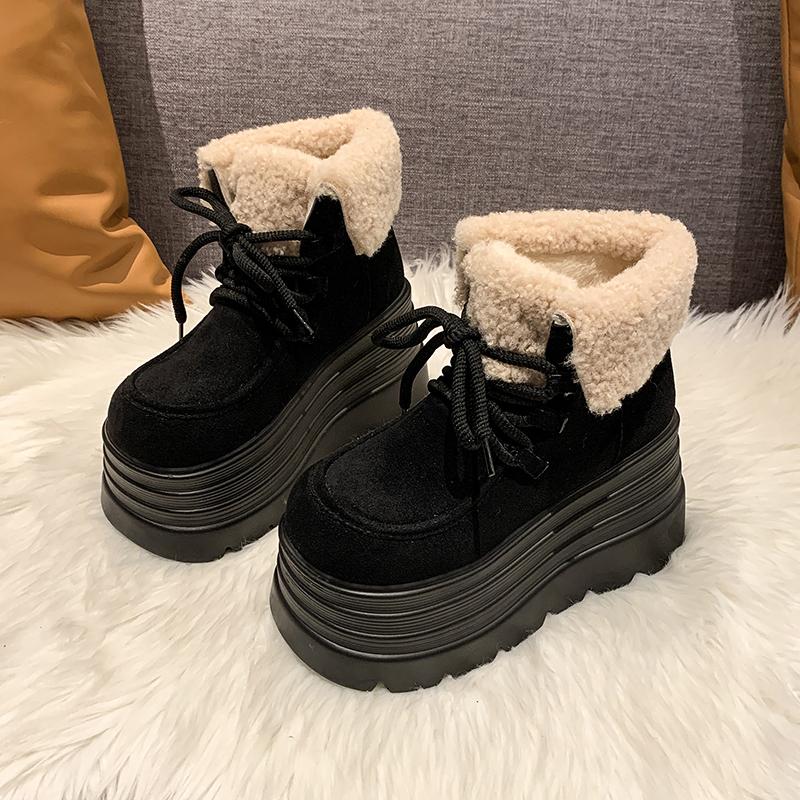 Fashion New Winter Chunky Casual Snow Shoes Woman 10CM High Platform Wedge Heels Warm Fur Sneakers Fashion Women Buckle Leather Shoes