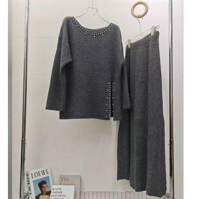 Crew Neck Bead Design Sweater Two-piece Skirt Autumn and Winter Loose Knitted Skirt + Split Knitted Sweater Top Set