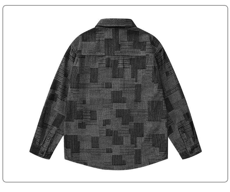 Herren Japanische Jacquard Karomuster Denim Hemdjacke - Lockere Passform, Abfallende Schultern, Langarm, Herbst Freizeitkleidung