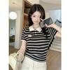 Design sense contrasting colors striped slim and thin short-sleeved Polo collar T-shirt summer versatile fashion niche top