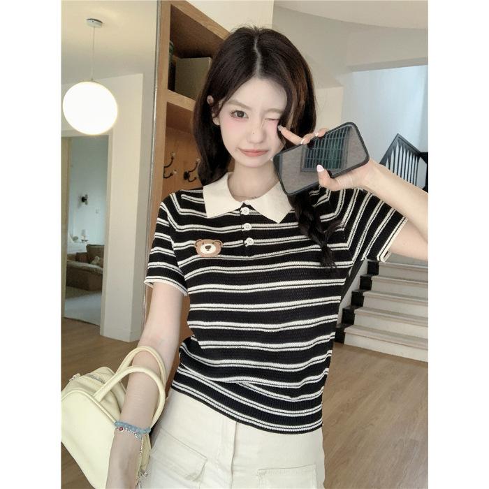 Design sense contrasting colors striped slim and thin short-sleeved Polo collar T-shirt summer versatile fashion niche top