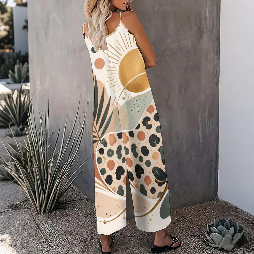 Women Spaghetti Strap Jumpsuit Cartoon Night Moon Cloud Star Print Wide Leg Pants With Pockets