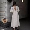 Retro Cotton and Linen Dress Sexy V-neck Puff Sleeve Beach Suspender Skirt Robe