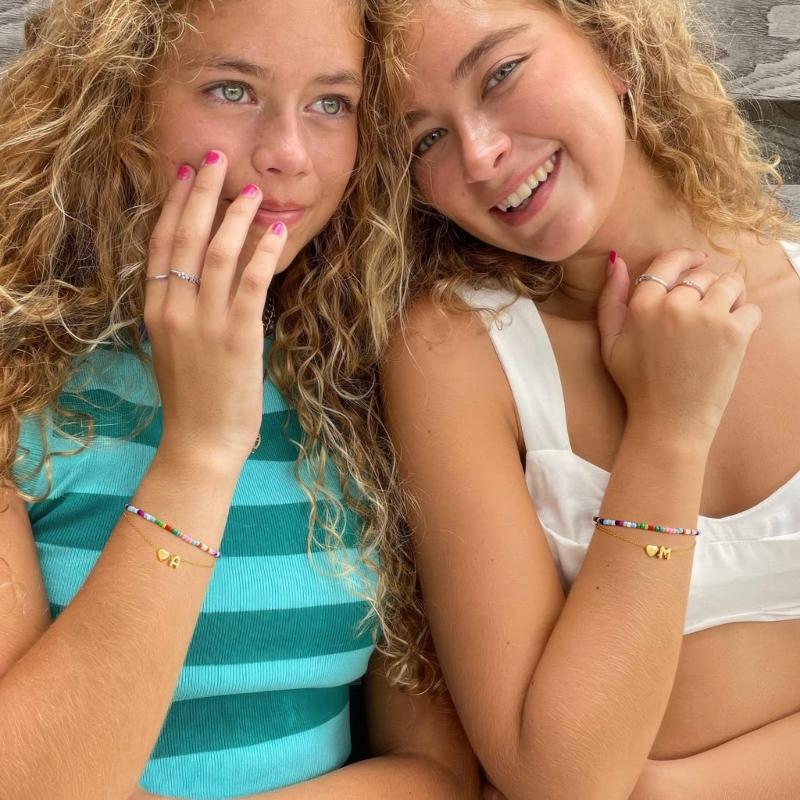 Double Layer Heart Beaded Bracelet Feature Initial Charm Letter Fashion Copper Jewelry Gift For Teen Girls Women