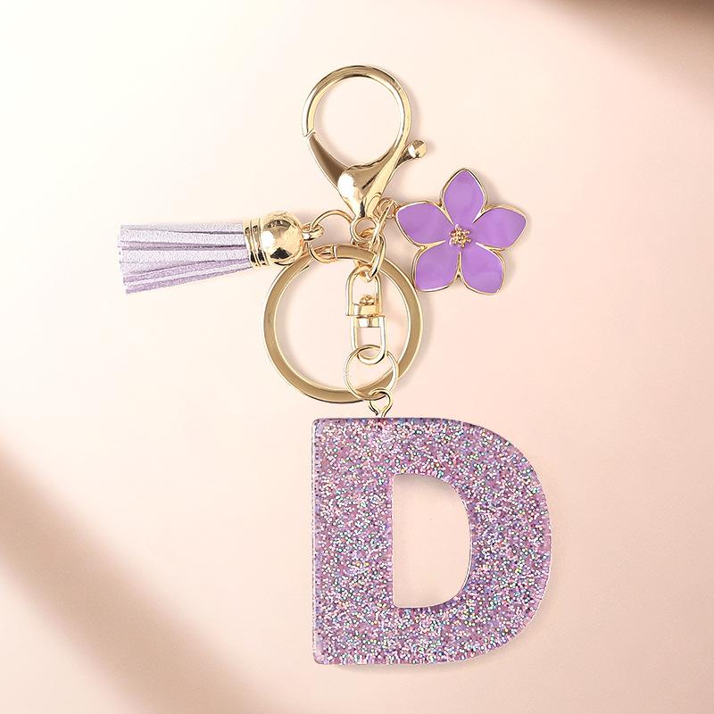 Flash Powder 26 English letters, diy, Resin keychain, purple flower, pendant, bag pendant, keychain, Christmas gift, Stocking stuffers