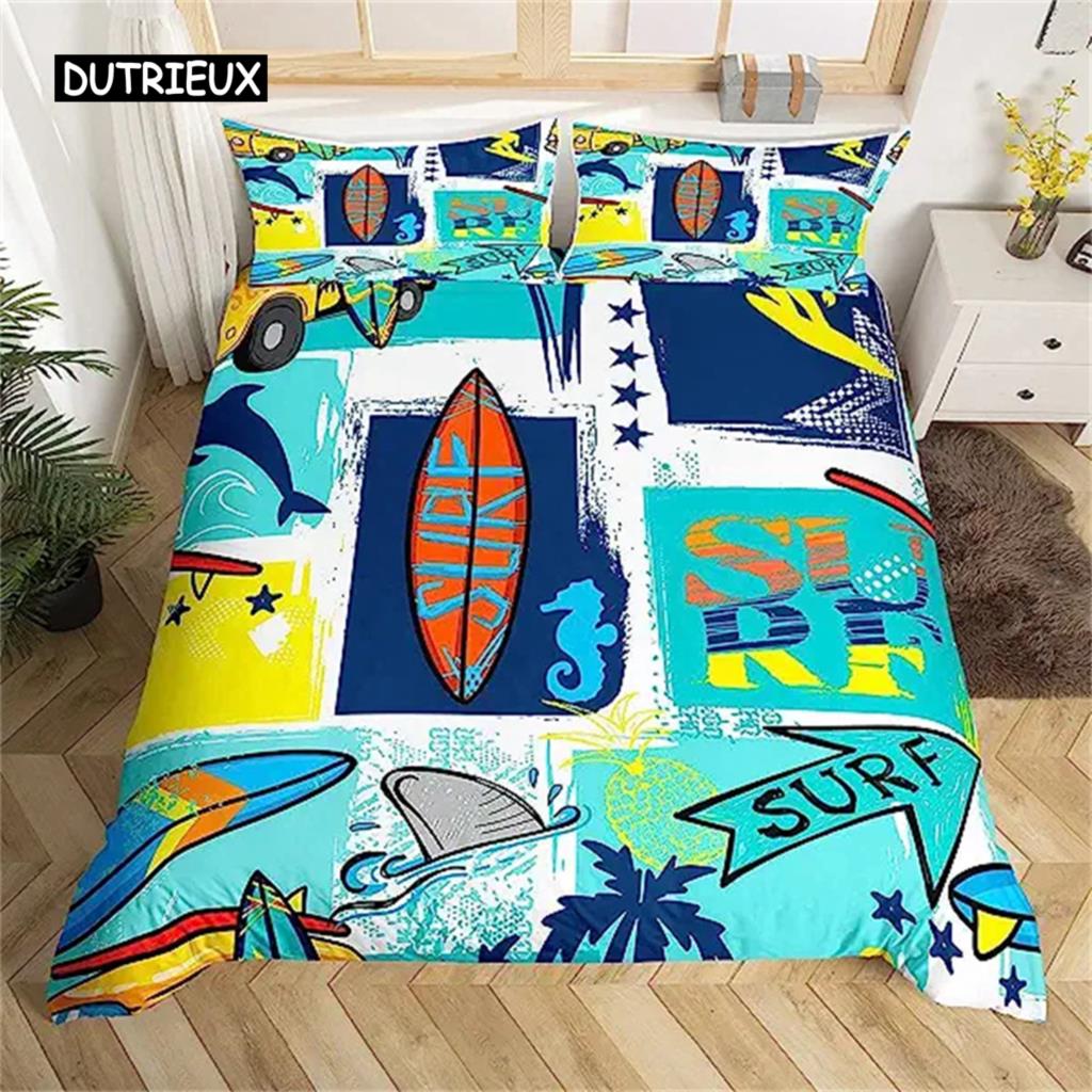 Surfboard Summer Sea Surfing Theme Duvet Cover Ocean Theme Bedding Set For Kids Boys Teens Soft Polyester Quilt Cover Decoration