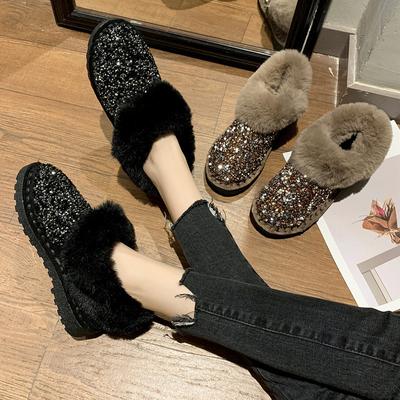 Sequined Snow Boots Autumn Winter Korean Soft Fur Plus Velvet Thickened Women's Shoes Casual All-Match Round Toe Flat-bottomed Shoes