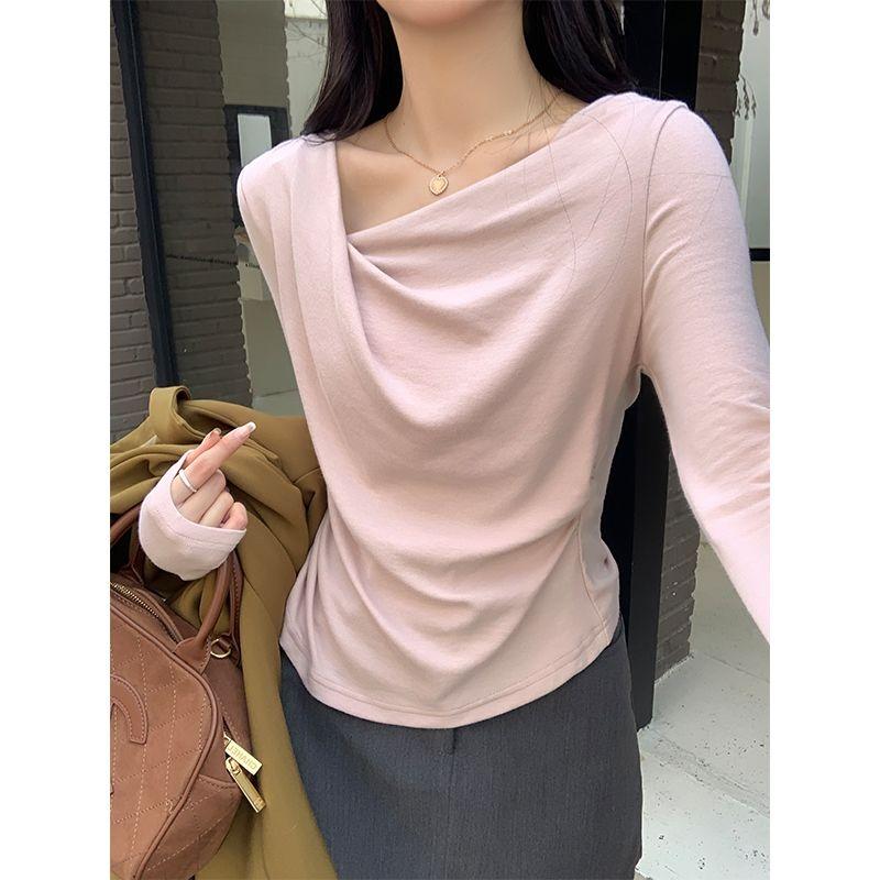 Spring and Autumn Gentle Style Slim Long Sleeve T-Shirt Women's Irregular Twist Slim Top