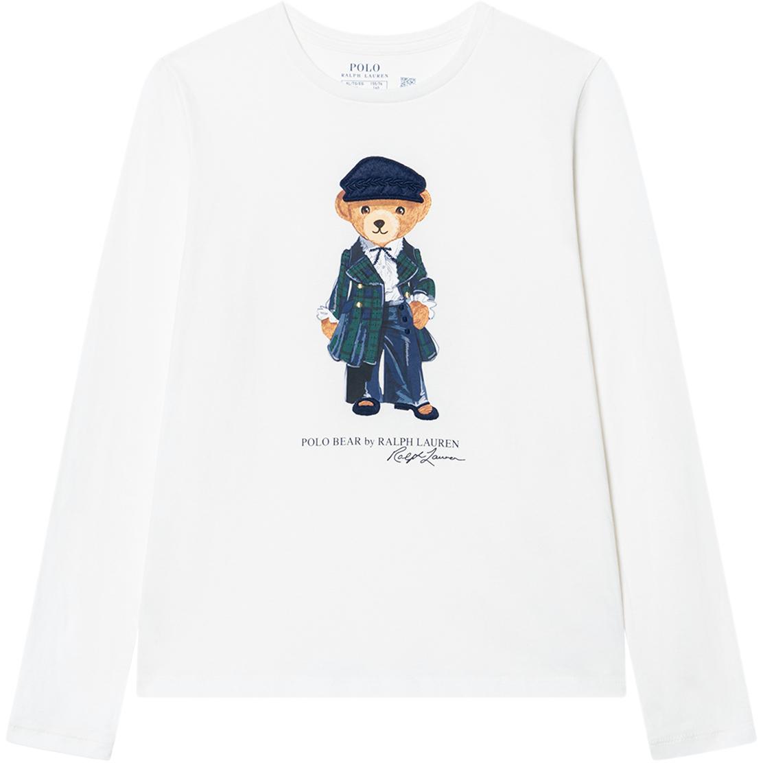 

Футболка Polo Ralph Lauren с принтом в виде медведя из мультфильма и букв, с круглым вырезом, с длинным рукавом, детская, белая 313952134-001 XL