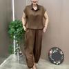Women's Loose Two-Piece Outfit Lapel V Neck Short Sleeve Top Long Pants Set Summer Casual Lounge Suit