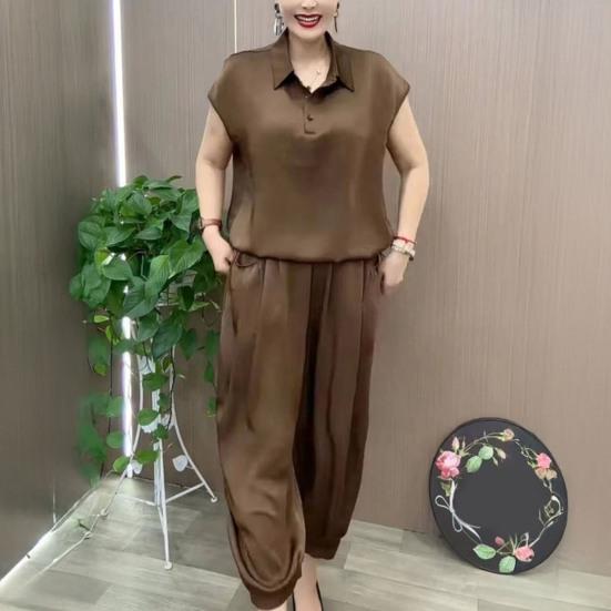 Women's Loose Two-Piece Outfit Lapel V Neck Short Sleeve Top Long Pants Set Summer Casual Lounge Suit