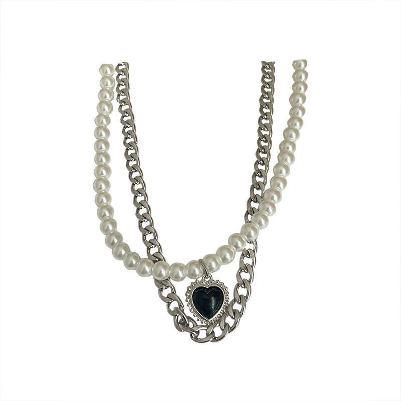 Black Love Double Layer Retro Pearl Clavicle Necklace - 2025 Hip-Hop Cold Style for Women