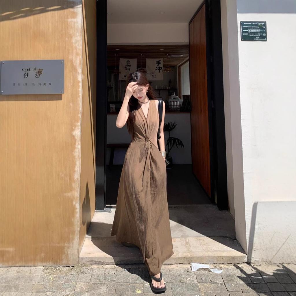 French gauge kinky dress women's summer retro temperament waist and thin sleeveless seaside vest A-shaped long dress