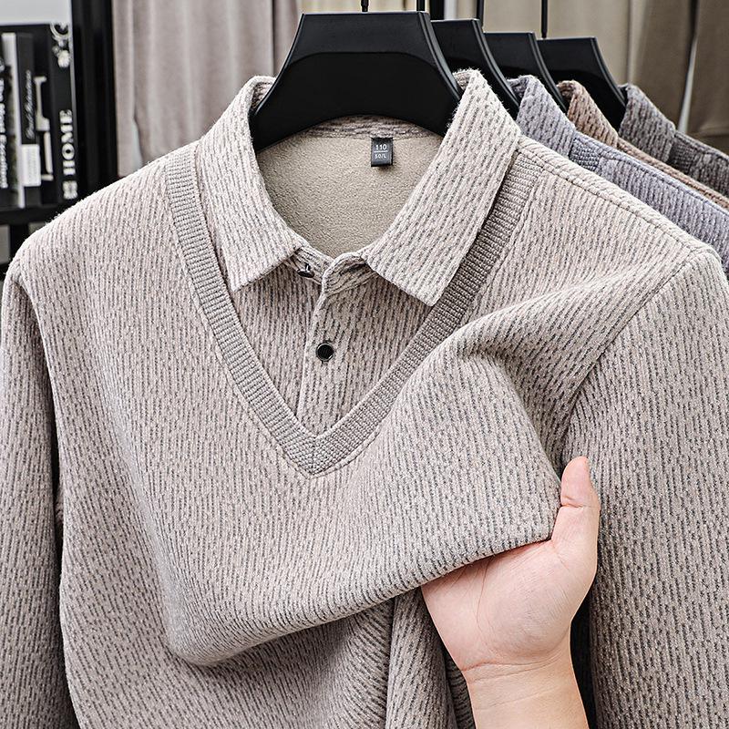 Puyuan Men s Two-in-One Winter Knit Lapel Sweater with Velvet Thickening XL