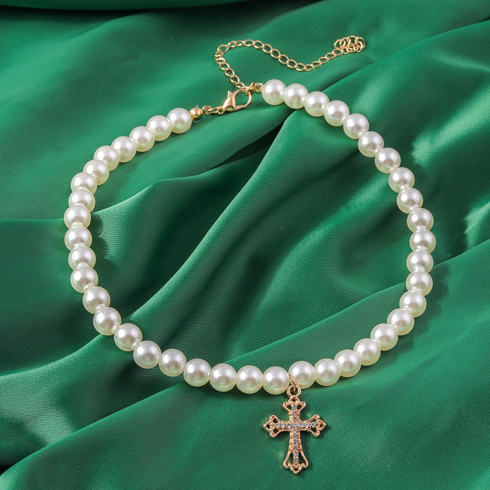 Elegant Cross Pendant Necklaces for Women Girls Pearl Beaded Choker Necklace Wedding Party Jewelry Gifts