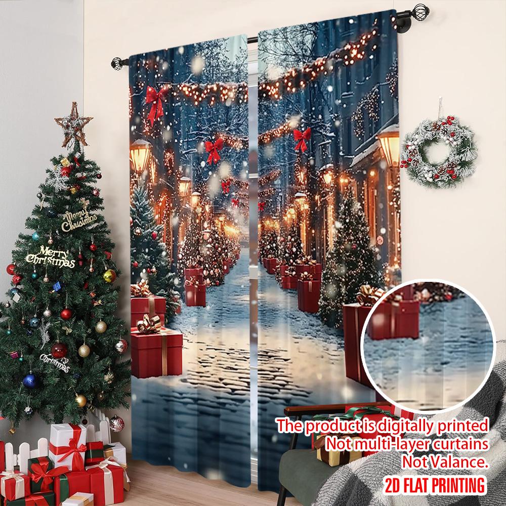 Set Of 2 Flat Printing Merry Christmas Scene Curtains Forest Snow Scenery Polyester Without Electricity Family Curtain
