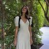 Französischer Stil Retro V-Ausschnitt Puffärmel Langes Kleid Sommer Damenkleid