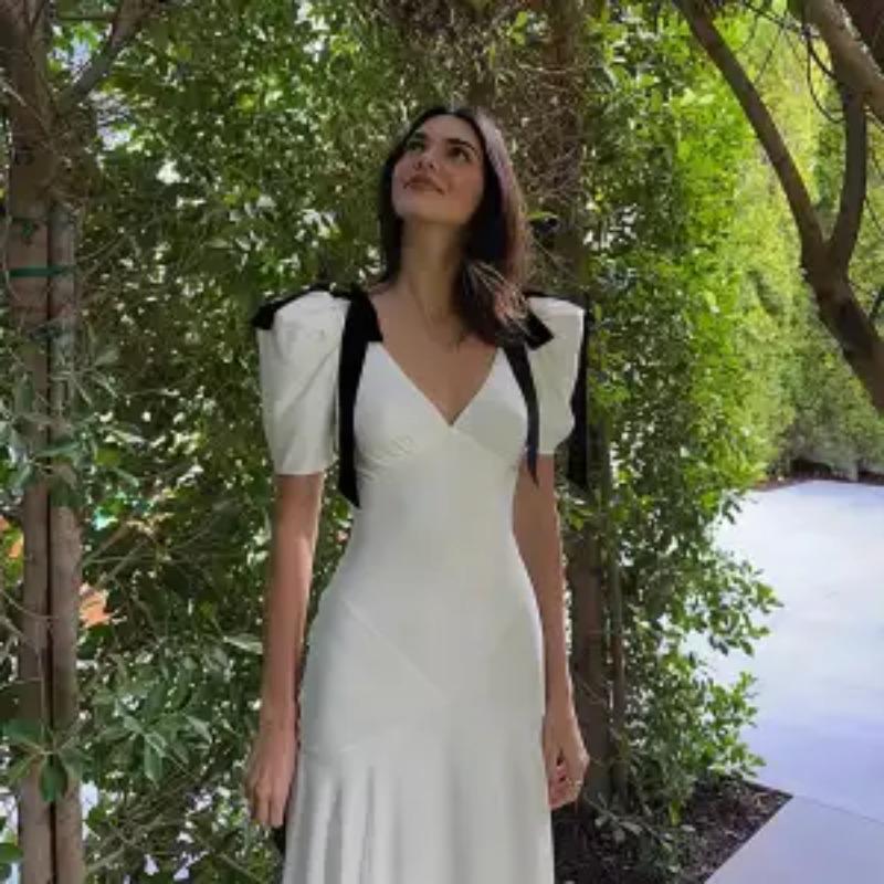 Französischer Stil Retro V-Ausschnitt Puffärmel Langes Kleid Sommer Damenkleid