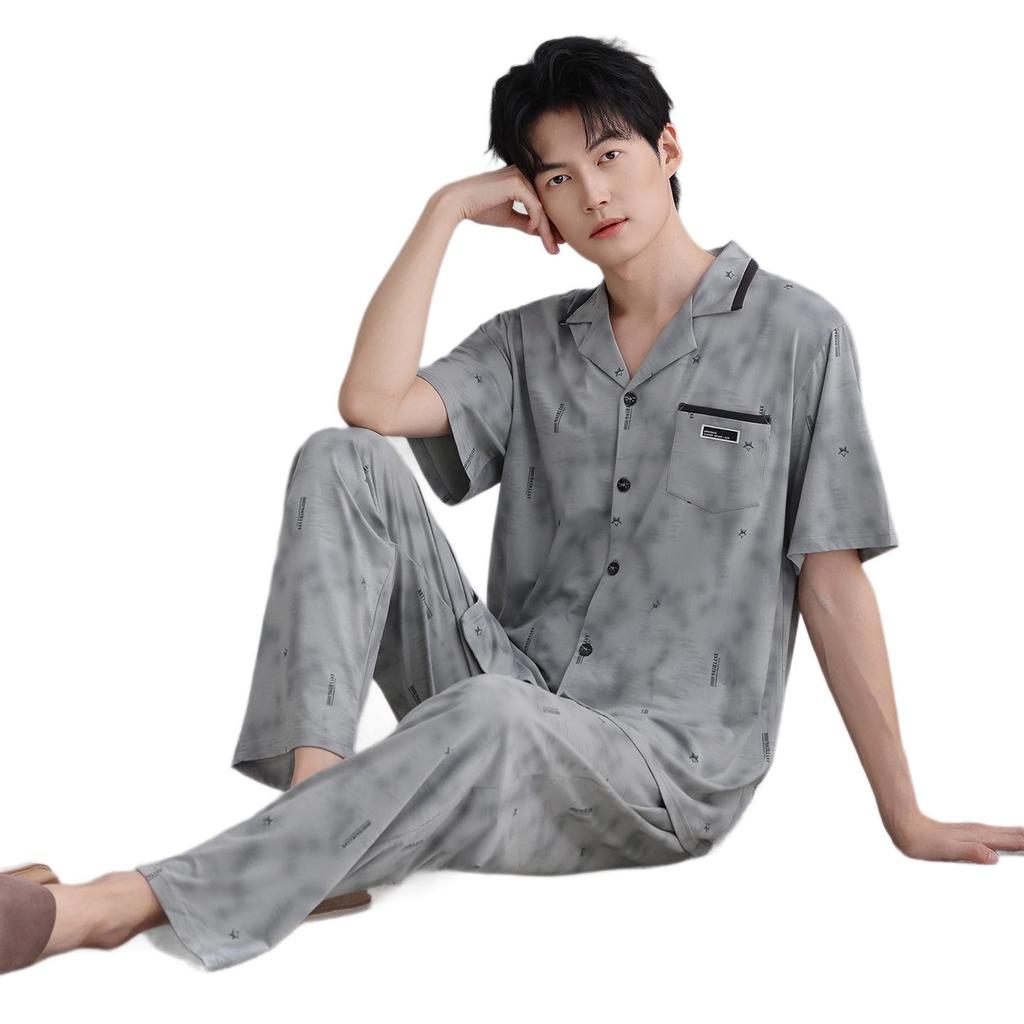 Men's Modal Cotton Pajama Set: Short Sleeve & Long Pants Summer Homewear - Wearable Outdoors