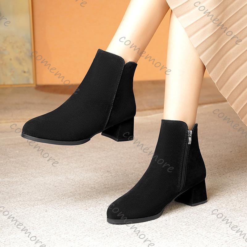 Comemore Autumn and Winter New Pointed Suede Side Zipper Ankle Boots for Women Casual Thick Middle Heel Female Botines