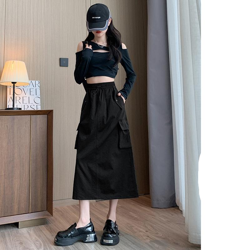 

Женская юбка, весенняя завязка на талии, прямая свободная H-образная форма с большим карманом, модная повседневная крутая черная юбка средней длины XL чёрный