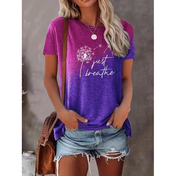 Summer New Dandelion Letter Print Short Sleeve Women s Casual Color Block T-Shirt S пурпурно красный