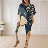 Women Plus Size Round Neck Long Sleeve Printed Blue Beige Longline Top Fitted Pants Two Piece Set