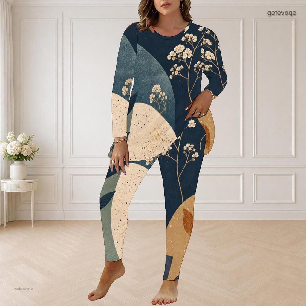 Women Plus Size Round Neck Long Sleeve Printed Blue Beige Longline Top Fitted Pants Two Piece Set