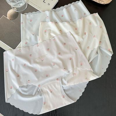 Calcinha feminina com estampa de morango e seda gelada, secagem rápida, sem costura, elevação do quadril, cintura média