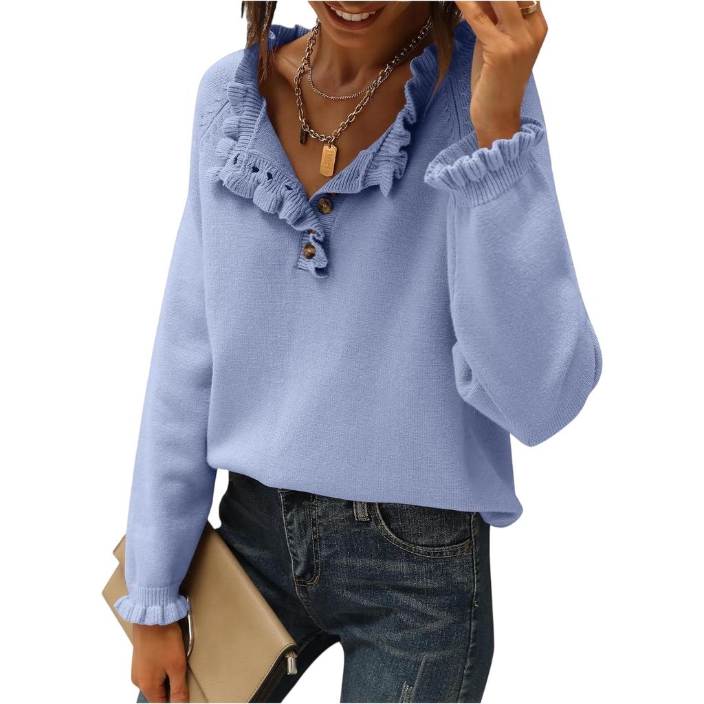 Damenmode Strick Casual Langarm Knopfleiste Rüschen Pullover