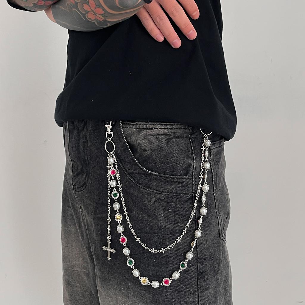 Salircon New Exquisite Luxury Cross Pendant Imitation Pearl Keychain Belt Chain Men Punk Trousers Jean Chain HipHop Jewelry Gift