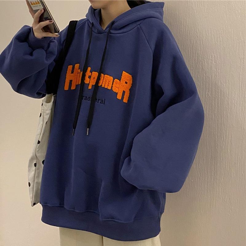 

Cotton sweater women s hooded thin jacket trendy Harajuku loose top 2XL синий