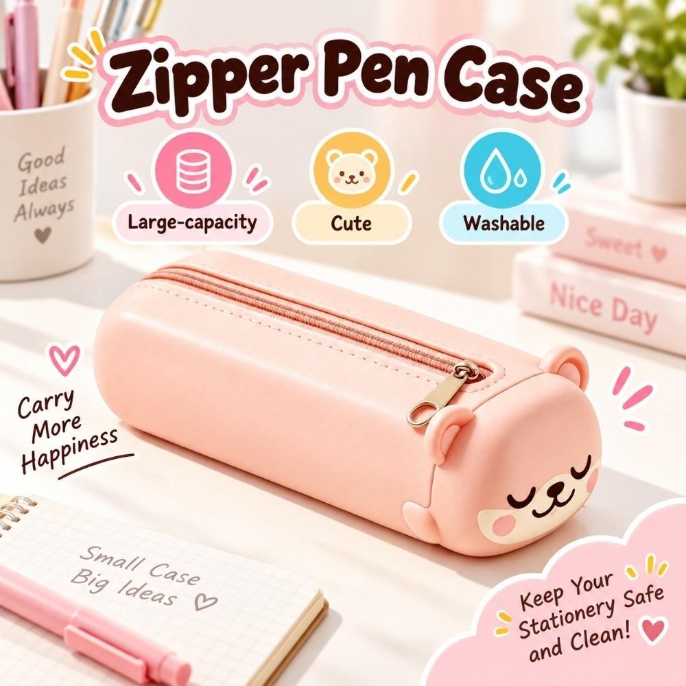 Cute Zipper Pen Case Dustproof Stationery Bag Kids Stationery Bag Silicone Pencil Case  Children