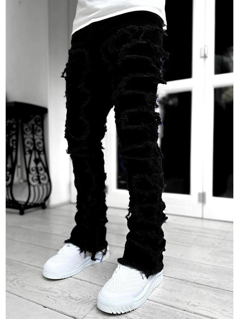 Men's Fashion Trend Elastic Tassel Patchwork Straight-Leg Jeans