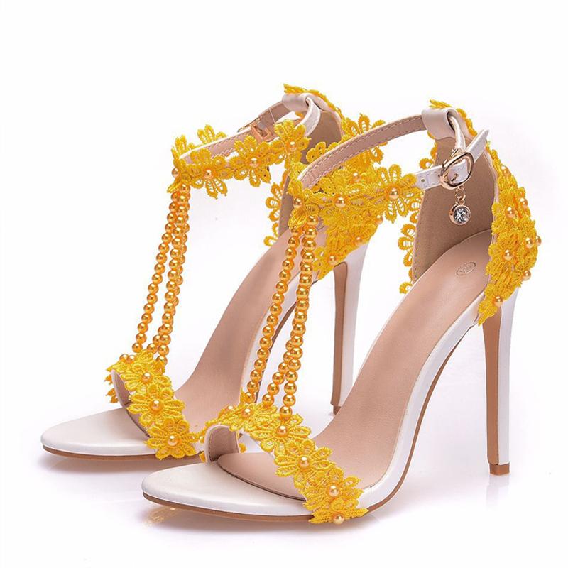 Big Size 43 44 45 Women Sexy Stiletto Sandals Summer Fashion Pearl Flowers Ankle Strap Elegant High Heels Party Prom Shoes