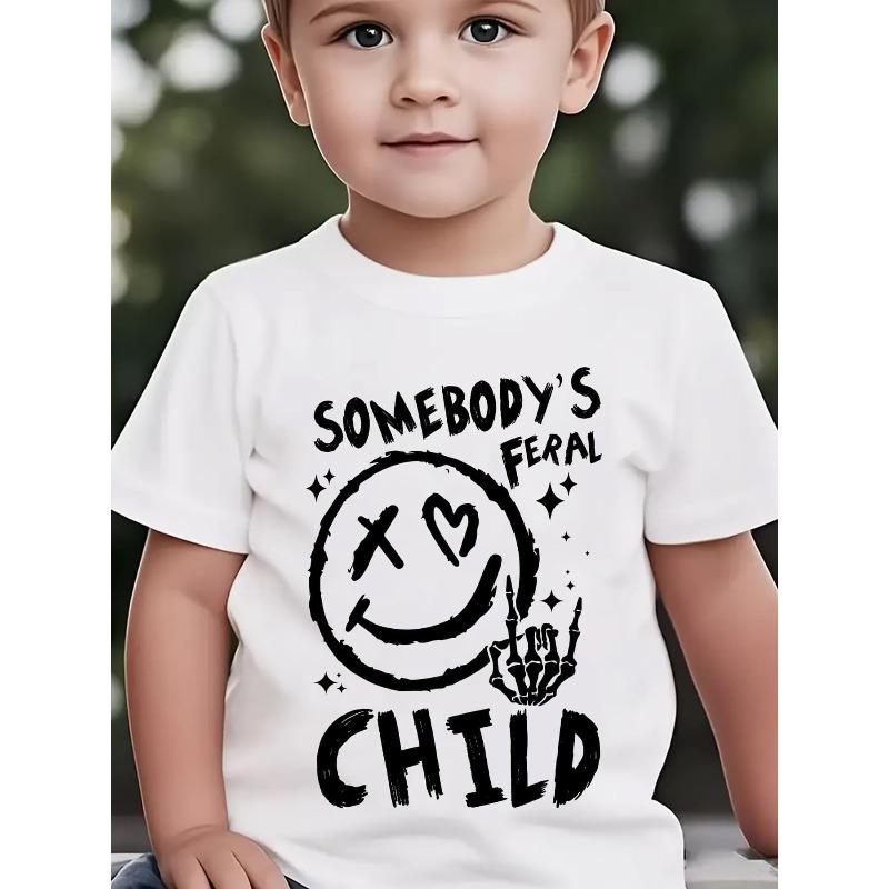 European Size Boys Round-neck Short-sleeved T-shirt with Smiling Face Pattern Print 98cm белый
